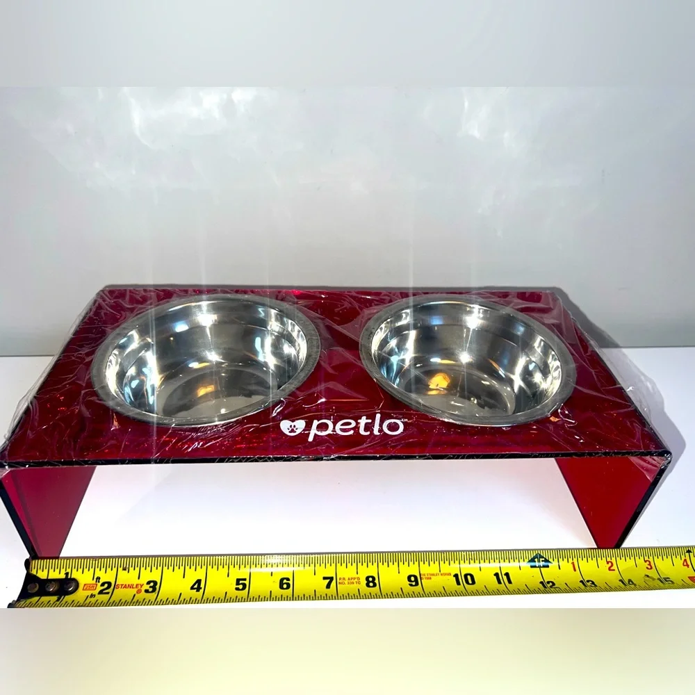 Petlo Red Acrylic Pet Feeder Stand Stainless Steel Bowls